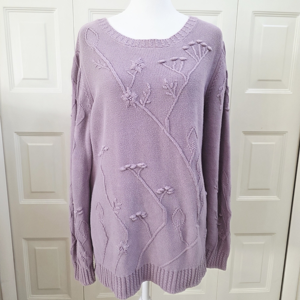 Coldwater Creek Cotton Raised Embroidered Pullover Sweater Lavender L
